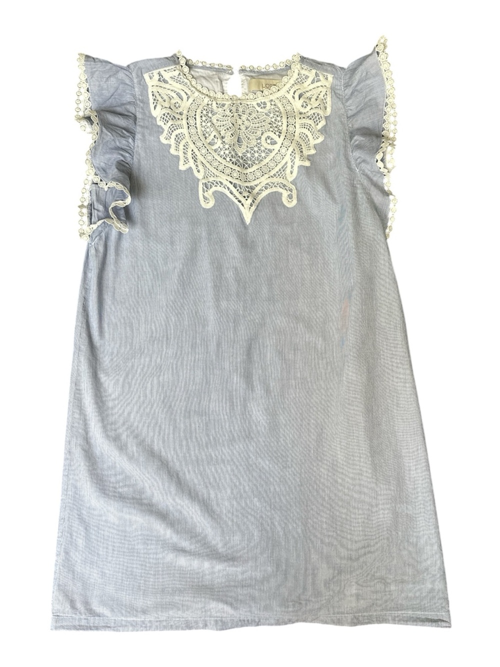 Ann Taylor LOFT Blue Striped Shift Dress with White Crocheted Lace Yoke - Small